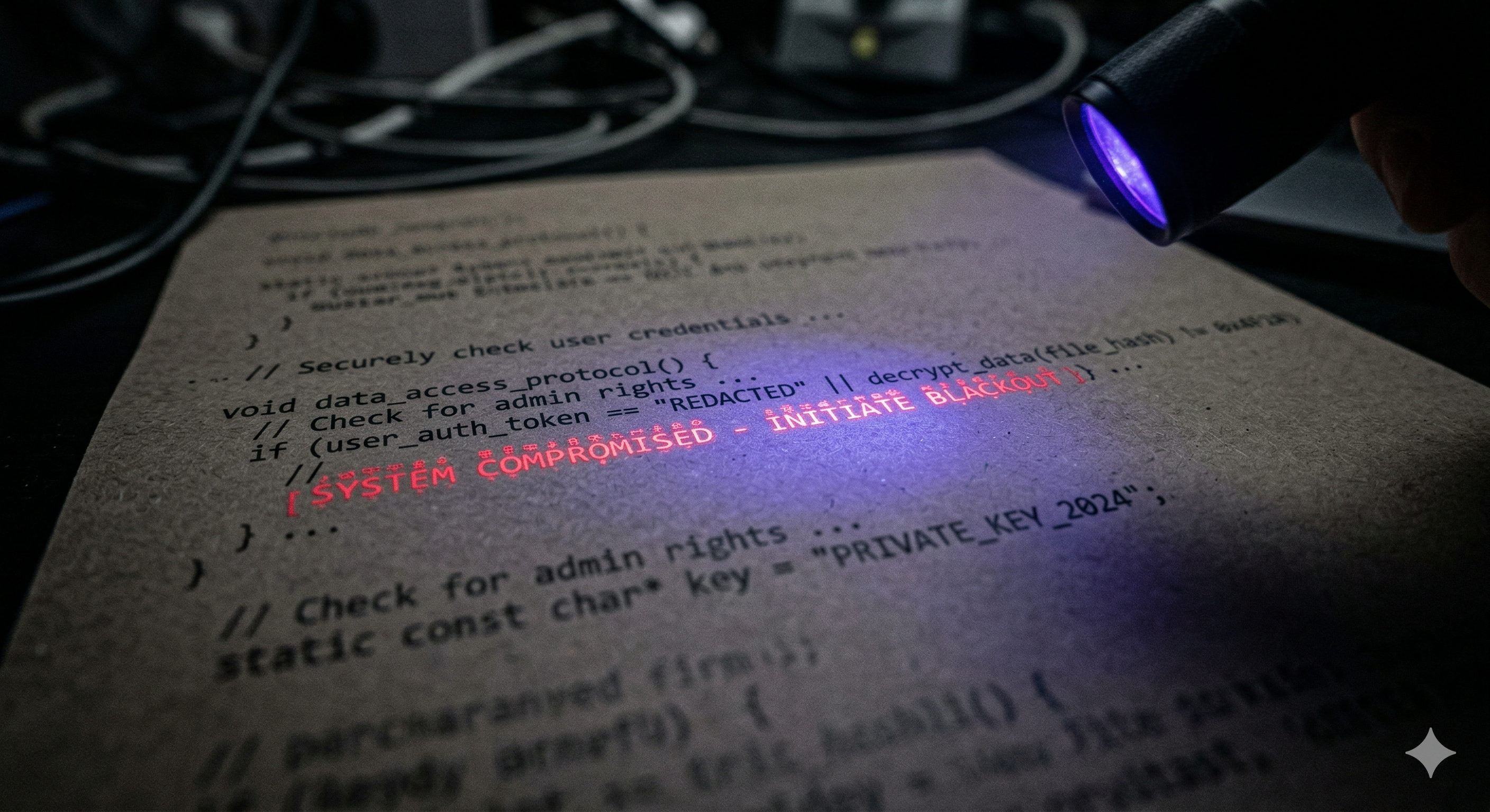 Source code under UV light revealing hidden invisible Unicode payload
